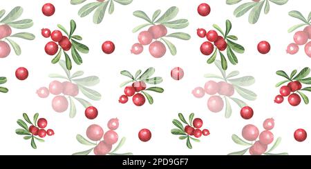 Modello senza cuciture con mirtillo. Fondo acquerello disegnato a mano con bacche rosse e foglie verdi. Frutti di mirtillo rosso per carta da imballaggio o texti Foto Stock