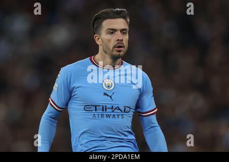 Manchester, Regno Unito. 14th Mar, 2023. Jack Grealish #10 di Manchester Citydurante il round UEFA Champions League 16 Manchester City vs RB Leipzig allo stadio Etihad, Manchester, Regno Unito, 14th marzo 2023 (Foto di Mark Cosgrove/News Images) Credit: News Images LTD/Alamy Live News Foto Stock