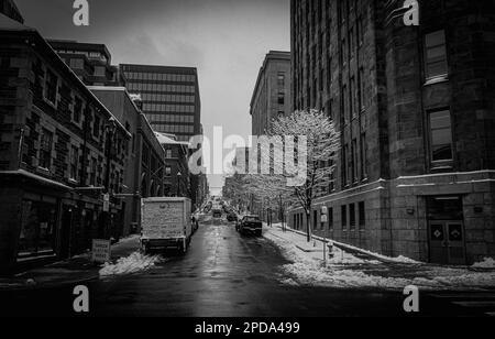 Foto in bianco e nero che guarda su Prince Street da Lower Water Street nelle profondità del binello invernale fiancheggiata dal Dominion Public Building e dalla Mitchell House Foto Stock