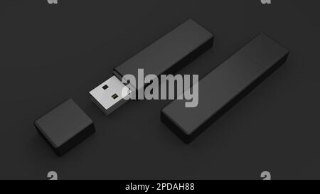 Unità flash USB isolata su sfondo nero. Dispositivo di memorizzazione dati. Unità penna. Pendrive. illustrazione 3d. Foto Stock