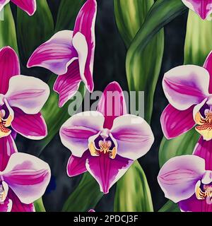 Acquerello senza cuciture con orchidee rosa brillante e foglie verdi. Sfondo floreale tropicale. Ornamento botanico disegnato a mano. Illustrazione per Foto Stock