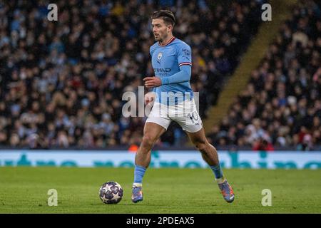 Manchester, Regno Unito. 14th Mar, 2023. Jack Grealish di Manchester City in palla durante il round della UEFA Champions League di 16 partita di seconda tappa tra Manchester City e RB Leipzig all'Etihad Stadium il 14 marzo 2023 a Manchester, Regno Unito. (Foto di Richard Callis/SPP) (Richard Callis/SPP) Credit: SPP Sport Press Photo. /Alamy Live News Foto Stock