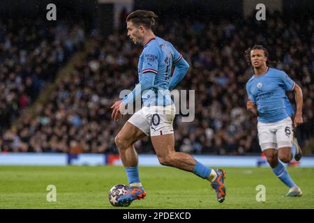 Manchester, Regno Unito. 14th Mar, 2023. Jack Grealish di Manchester City in palla durante il round della UEFA Champions League di 16 partita di seconda tappa tra Manchester City e RB Leipzig all'Etihad Stadium il 14 marzo 2023 a Manchester, Regno Unito. (Foto di Richard Callis/SPP) (Richard Callis/SPP) Credit: SPP Sport Press Photo. /Alamy Live News Foto Stock