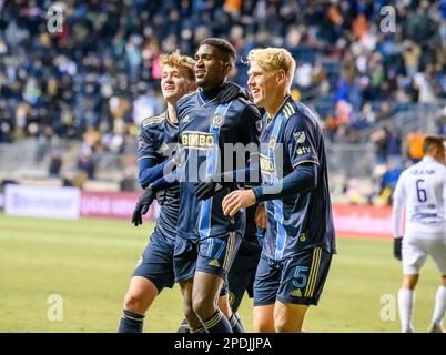 Chester, Pennsylvania, Stati Uniti. 14th Mar, 2023. 14 marzo 2023, Chester PA- Philadelphia Union giocatori festeggiare dopo aver segnato un gol nella seconda gamba dello Scotiabank CONCACACAF Champions League Round del 16 a Subaru Park l'Unione ha vinto 4-0 e ha anticipato fino ai quarti di finale. (Credit Image: © Ricky Fitchett/ZUMA Press Wire) SOLO PER USO EDITORIALE! Non per USO commerciale! Foto Stock