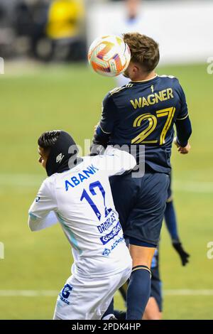 Chester, Pennsylvania, Stati Uniti. 14th Mar, 2023 - Kai Wagner vince un header al Subaru Park dove la Philadelphia Union sconfigge l'Alianza FC nello Scotiabank CONCACACAF Champions Leauge Round del 16 (Credit Image: Don Mennig Alamy News) Foto Stock