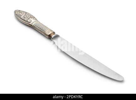 Argento vecchio coltello da tavola isolato su bianco Foto Stock