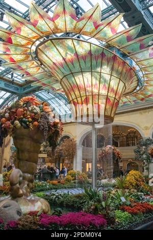 Atrio illuminato dal sole con una bella fontana di vetro colorata in autunno e fiori al Conservatory del Bellagio Hotel and Casino di Las Vegas, Nevada Foto Stock