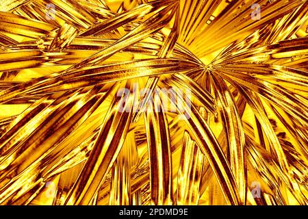 Foglie di palma d'oro sfondo, fiore d'oro struttura foglia, giallo metallo tropicale sfondo fogliame, motivo di ramificazione floreale metallico, ornamento di piante Foto Stock