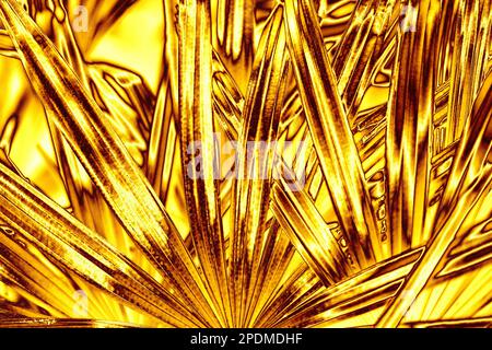 Foglie di palma d'oro sfondo, fiore d'oro struttura foglia, giallo metallo tropicale sfondo fogliame, motivo di ramificazione floreale metallico, ornamento di piante Foto Stock