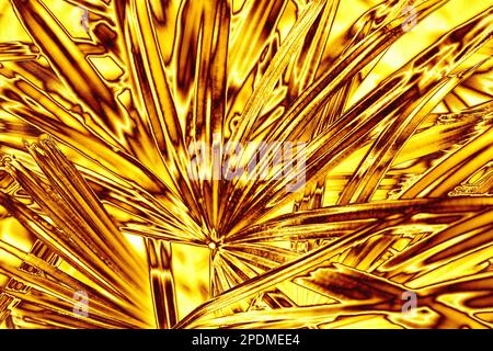 Foglie di palma d'oro sfondo, fiore d'oro struttura foglia, giallo metallo tropicale sfondo fogliame, motivo di ramificazione floreale metallico, ornamento di piante Foto Stock