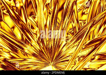 Foglie di palma d'oro sfondo, fiore d'oro struttura foglia, giallo metallo tropicale sfondo fogliame, motivo di ramificazione floreale metallico, ornamento di piante Foto Stock