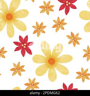 Motivo floreale senza cuciture color acqua. Fiori rossi, gialli e arancioni che cadono su sfondo bianco. Illustrazione raster per tessuti, imballaggi, tessuti Foto Stock