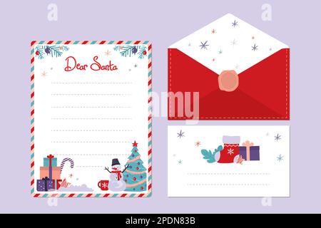 Modello di lettera e busta di natale. Messaggio con wishlist a Babbo Natale. Biglietto d'auguri con scritta Cari Babbo Natale. Set di carte e lettere natalizie. Illustrazione Vettoriale