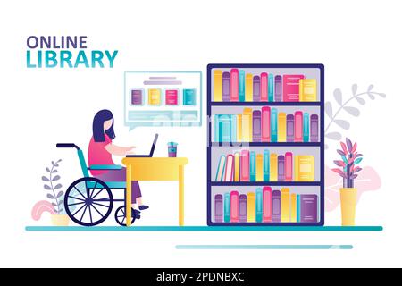 Donna disabile legge in biblioteca. Carattere femminile con disabilità scegliere ebook sul computer portatile. Lo studente si siede in sedia a rotelle. Concetto di accessibilità. Ripiani w Illustrazione Vettoriale