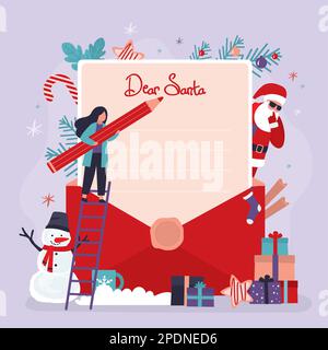 Il personaggio femminile scrive la lettera a babbo natale. Ragazza carina con matita scrive desideri a Babbo Natale. Lista dei desideri a Babbo Natale. Modello lettera. Con Illustrazione Vettoriale