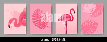 Collezione di copertine alla moda con fenicotteri rosa e foglie tropicali. Illustrazione Vettoriale
