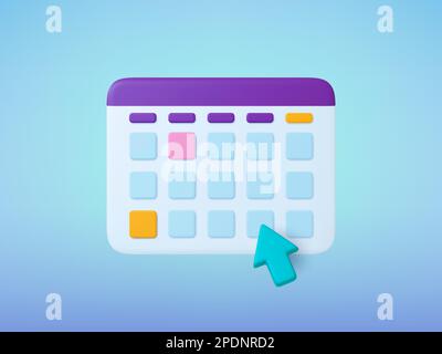 Icona Calendario 3D, concetto di gestione del tempo. Illustrazione dello stile della plastilina, pianificazione mensile o progettazione della pianificazione. Elemento vettore digitale, fare clic sulla freccia Illustrazione Vettoriale