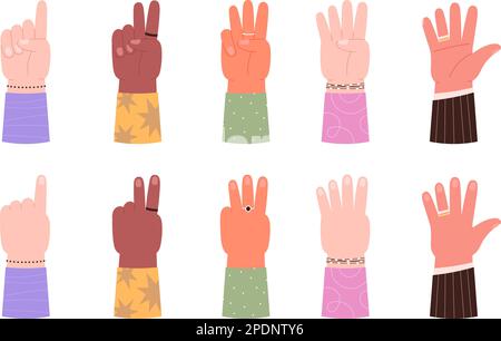 Le mani contano da 1 a 5. Insegnamento prescolare, numeri di studio e conteggio. Dita dei cartoni animati sul palmo aperto e chiuso. Set di vettori per la democrazia dei gesti delle mani Illustrazione Vettoriale