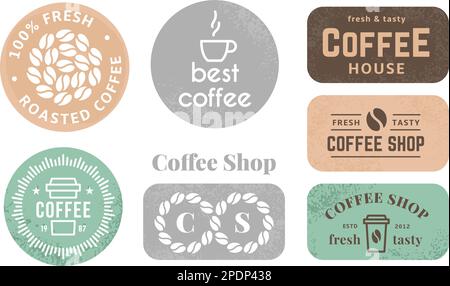 Caffetteria, etichette per caffè grunge. Adesivi con texture disordinato, elementi decorativi da imballaggio con tazza, fagioli e campioni di testo. Modelli vettoriali banner Illustrazione Vettoriale