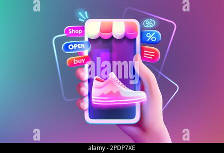 La vetrina del negozio nello smartphone, sconti e interessi di acquisto, mercato online. Illustrazione vettoriale Illustrazione Vettoriale