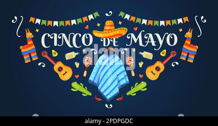 Banner Cinco de mayo. Mexican fiesta sfondo design messico folk festa o compleanno cornice, margarita chitarra pinata cappello maracas tequila vettore illustrazione di saluto tradizionale festivo Illustrazione Vettoriale
