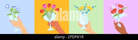 Le mani tengono cocktail di fiori. Drink party, uomo o donna che porta bicchieri da vino con fiori aromatici sul gambo per interni romantici, festeggiamenti vettore illustrazione di fiori e cocktail floreale bevanda Illustrazione Vettoriale