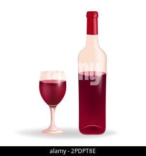 Bicchiere di vino ripieno di vino rosso, accompagnato da una bottiglia di vino, su sfondo bianco. Perfetto per le liste dei vini, i menu, o qualsiasi progetto relativo al vino, bever Illustrazione Vettoriale