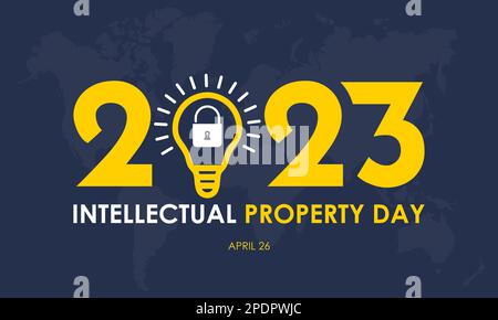 2023° Concept World Intellectual Property Day. banner o modello di riconoscimento diritto brevettuale di colore giallo e bianco su sfondo blu scuro con sec Illustrazione Vettoriale