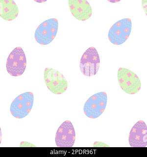 Disegno senza cuciture di uova di Pasqua in verde morbido alla moda, lilla e blu con onda e motivo di fiori. Isolare. Progettare per sfondo, sfondo, Web o saluto, invito, poster, brochure o prezzo. EPS Illustrazione Vettoriale