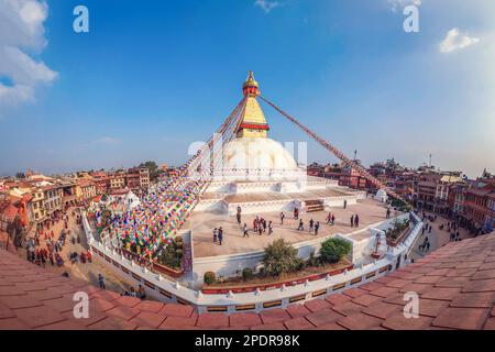Bouddhanath Stupa. Nepal. Kathmandu. Vista dall'alto. Foto Stock