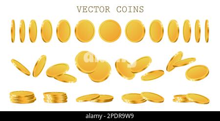 Monete d'oro realistiche da 3D in diverse posizioni Illustrazione Vettoriale