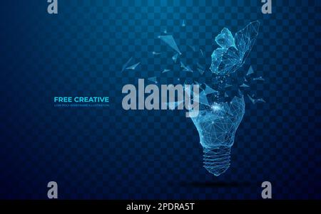 La farfalla digitale esce da una lampadina rotta. Fuga di fantasia. Illustrazione Vettoriale