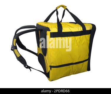 Borsa refrigerante gialla per il trasporto e lo stoccaggio di prodotti isolati su sfondo bianco con percorso di taglio Foto Stock