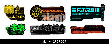 Arte letterale futuristica con 3D geroglifici giapponesi in stile cyberpunk Illustrazione Vettoriale