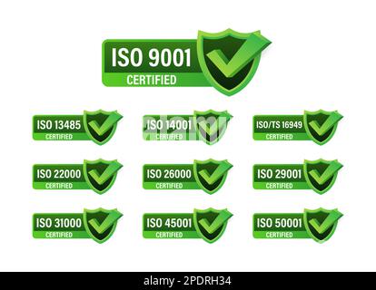Set di etichette e timbri di certificazione ISO. Badge con certificazione ISO. Gestione della sicurezza delle informazioni Illustrazione Vettoriale