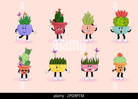 Cactus divertente in vasi di fiori. Stile cartone animato. Mascotte vettoriali su sfondo isolato. Illustrazione Vettoriale