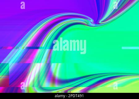 Distorto con effetto glitch movimento astratto viola rosa verde neon arcobaleno ondulato sfondo digitale interlacciato. Cyberpunk futuristico a righe scintillanti Foto Stock
