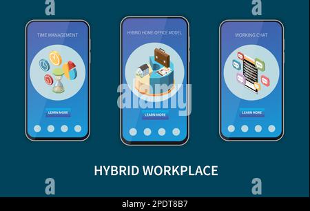 Hybrid workplace time management home Office model working chat isometrico set di banner mobili verticali illustrazione vettoriale isolata Illustrazione Vettoriale