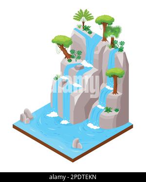 Concetto di cascata con simboli del parco nazionale figura vettoriale isometrica Illustrazione Vettoriale