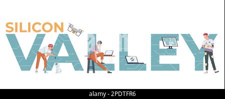 Composizione a valle di silicio con testo piatto circondato da personaggi umani laptop che volano drone su sfondo vuoto illustrazione vettoriale Illustrazione Vettoriale