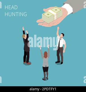 Headhunting concetto isometrico con tre candidati di lavoro e recruiter mano che tiene stack di banconote 3D vettore illustrazione Illustrazione Vettoriale