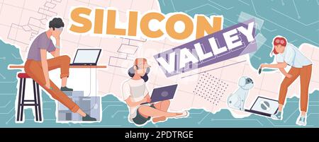 Composizione piatta Silicon Valley con collage di robot cane a testo piatto e personaggi umani utilizzando gadget vettoriali illustrazione Illustrazione Vettoriale
