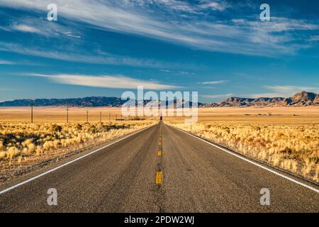 15 miglia di linea retta della Grand Army of the Republic Highway (US 6), Hot Creek Range in Distance, Great Basin Desert, ad est di Tonopah, Nevada USA Foto Stock