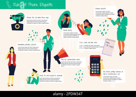 Call me telefono flat infografica con le regole di etiquette telefono e diversi suggerimenti descrizioni vettore illustrazione Illustrazione Vettoriale