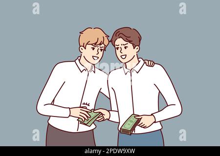 Uomo d'affari che spedisce i contanti al tipo per l'acquisto delle informazioni interne o segreti di affari dei competitori. Concetto di corruzione o di lobbying con la corruzione di funzionari pubblici o ispettori di controllo Illustrazione Vettoriale