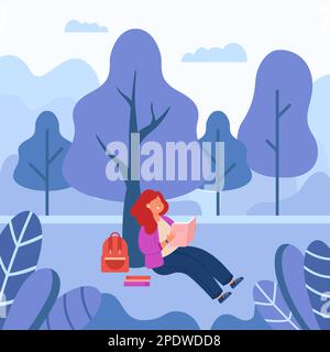 Ragazza lettura libro sotto l'albero in disegno vettoriale piano parco Illustrazione Vettoriale