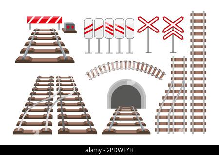 Set di illustrazioni vettoriali per binari ferroviari e cartelli ferroviari Illustrazione Vettoriale
