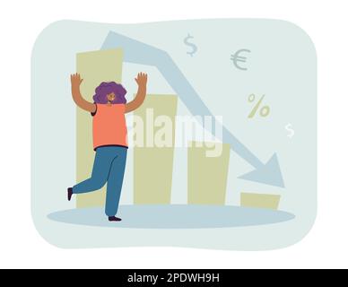 Cartone animato donna d'affari scioccato dal calo dei profitti Illustrazione Vettoriale
