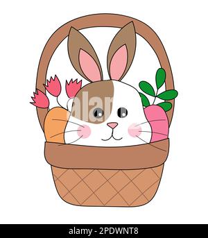 Coniglio di Pasqua. Il coniglio si siede in un cesto con fiori e uova. Illustrazione di animali vettoriali per icone, adesivi, cartoline. Illustrazione Vettoriale