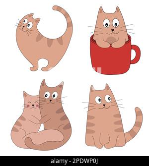 Collezione carino gatti. Gattini per il biglietto d'auguri o poster. Gatto pensare, gattino in tazza, gatti amore. Illustrazione del concetto vettoriale. Illustrazione Vettoriale